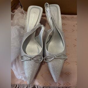 ASOS Silver Embellished Pointed Slingback Flats with Bow Accent